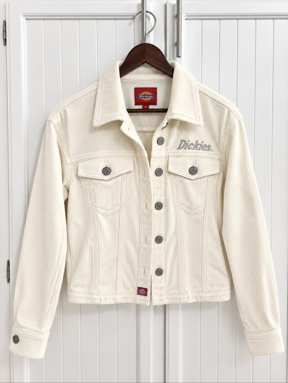 Dickies Women’s Small Cream Corduroy Trucker Jacket Button Front Logo